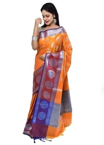 Banarasi Vastra Semi Katan Silk Woven Saree Silver Zari Buta Skirt Border Orange - Picture 1 of 5