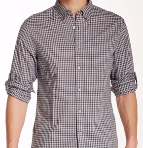 CAMICIA NUOVA CON ETICHETTE JOHN VARVATOS STAR USA taglia XL plaid roll tab trim fit manica lunga cemento - Foto 1 di 4