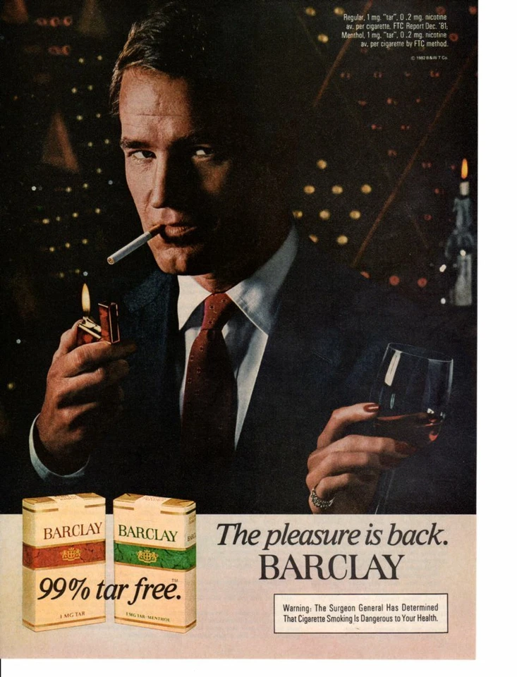 Anuncio impreso vintage cigarrillos de tabaco Barclay hombre guapo noche vino tinto anuncio 1982 Foto 1 de 1