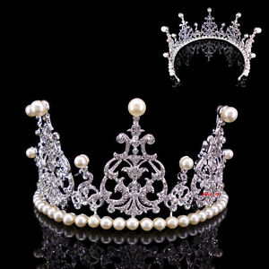 8cm Tall Large Full Crystal Pearl Wedding Bridal Queen Princess Prom Tiara Crown