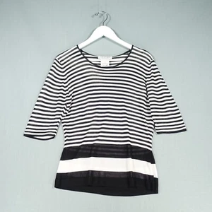 Jaeger Blouse Top Women 34 White Black Stripe Knit 3/4 Length Sleeve See Through - Picture 1 of 16