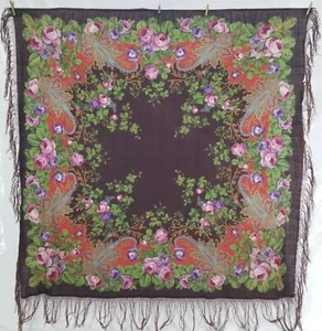 Scialle russo vintage Pavlovo Posad stampa floreale lana frange 162x160 cm - Foto 1 di 10