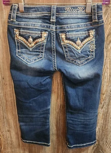 Miss Me Girls Youth Size 10 Cropped Capri Denim Blue Jeans Aztec Sequin JK7675P2 - Picture 1 of 6