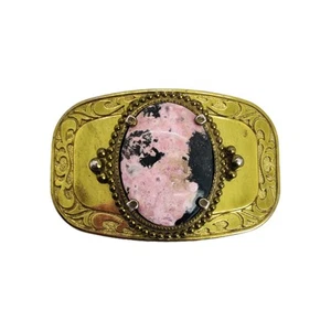Natural Gemstone Rohodonite Pink Black Gold Western America Belt Buckle Vintage - Picture 1 of 7