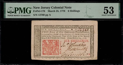 NJ-178 Colonial Currency - New Jersey March 25, 1776 6 Shillings - PMG 53 - Image 1 of 2