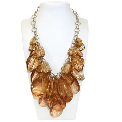 Graziano Statement Necklace Brown Gold Chain Dangle Beads Costume Jewelry - Image 1 of 3