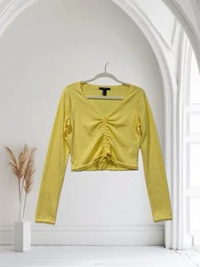 Forever 21 Ruched Long Sleeve Crop Top Size Large Stretch Yellow Boho Y2K - Picture 1 of 19