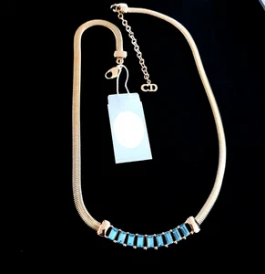 Vintage Christian Dior Blue Crystal Necklace Gold Tone Snake Chain New Old Stock - Picture 1 of 12