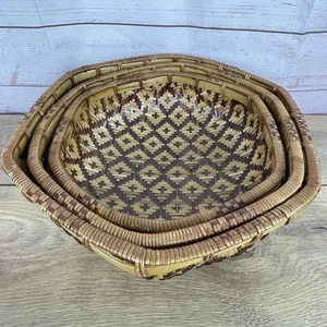 Vintage Hexagon Woven Basket Set - Rustic Boho MCM Home Decor 3 Wall Decor - Picture 1 of 13