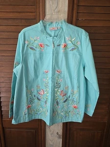NWOT Quacker Factory Women's Zip Teal Jacket 1X Embroidered Beaded Denim Boho  - Picture 1 of 12