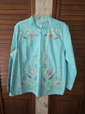 NWOT Quacker Factory Women's Zip Teal Jacket 1X Embroidered Beaded Denim Boho  - Image 1 of 4