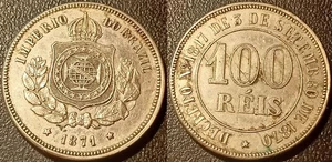Brazil - Pedro II - 100 Reis 1871 Extremely fine! Km# 477 - Picture 1 of 1