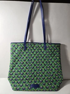 Vera Bradley Day Tote Quilted Cotton Emerald Diamond 15.5x12.5x5" Blue Trim - Picture 1 of 12
