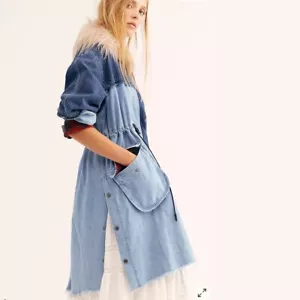 Free People Days to Come Denim Parka Mantel Medium M Langarm Kunstfell Neu mit Etikett - Bild 1 von 4