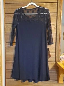 Nina Leonard Dress Womens Blu Small Fit & Flare Mesh Yoke Trapeze Flowy Midi NWT - Picture 1 of 6