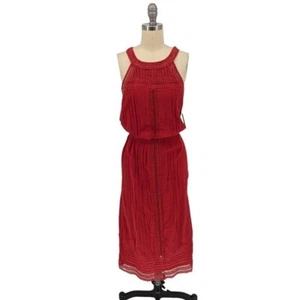 01586 Joie Crochet Trim Blouson Midi Dress Red Size XSmall preppy cottagecore - Picture 1 of 7
