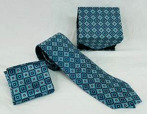 Pierre Cardin Tie And Pocket Square Teal Aqua Geometric Shapes w/ Gift Box - Picture 1 of 4