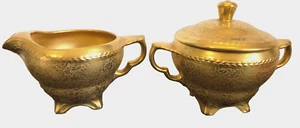 Vintage Wheeling Decorated Gold China Creamer & Sugar Bowl with Lid Set - Picture 1 of 6