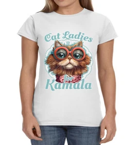 Kamala Harris T-shirt Ladies Womens Harris Walz 2024 Funny Childless Cat Lady - Picture 1 of 1