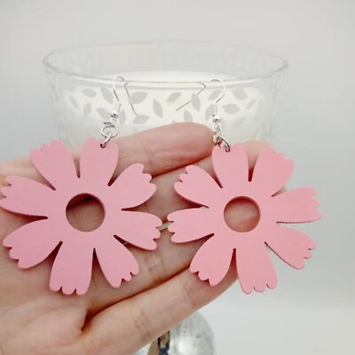 large pastel pink wooden flower earrings big daisies summer jewellery handmade - Image 1 of 4