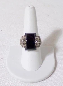 Art Deco Signed A. Sterling Silver Onyx Marcasite Cocktail Ring - Picture 1 of 10