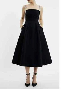 REBECCA VALLANCE Danielle BLACK Midi Dress Size 8 diamante straps - Picture 1 of 24