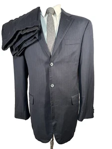 STAFFORD Mens Navy Blue Wool Pinstripe Pleated 2 Pc Suit 40L Jacket 36x32 Pant - Picture 1 of 13