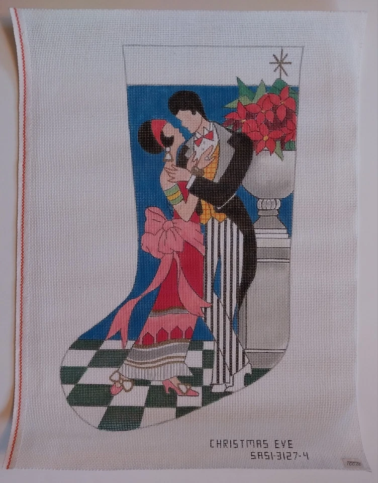 Large Unique Art Deco CHRISTMAS EVE Hand Painted Needlepoint Canvas Stocking 18" - Image 1 of 3