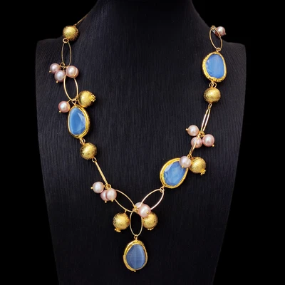 Freshwater Pink Pearl Blue Cat Eye Statement Necklace Jewelry For Gift - Image 1 of 4