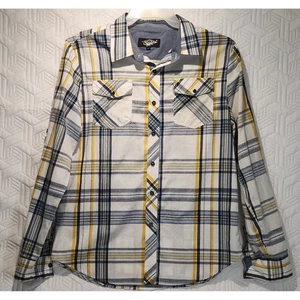 EightyEight Mens L Plaid Button Down Shirt Long Sleeve yellow blue pearl snap - Picture 1 of 10