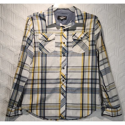 EightyEight Mens L Plaid Button Down Shirt Long Sleeve yellow blue pearl snap - Image 1 of 4