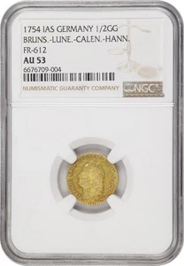DEUTSCHLAND , GOLD 1/2 GULDEN 1754 IAS - HANNOVER MINT - NGC AU 53 , RARE5 - Bild 1 von 3