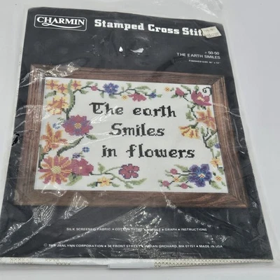  Vintage Cross Stitch “The Earth Smiles In Flowers” Stamped Cross Stitch NOS - Image 1 of 4