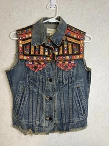 RALPH LAUREN DENIM SUPPLY Embellished Denim Jean Vest Raw Hem Boho Hippie XS - Picture 1 of 11