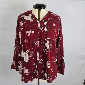 Torrid Blouse Women's 1X Button Up Long Sleeve V-Neck Red White Floral Print - Picture 1 of 7