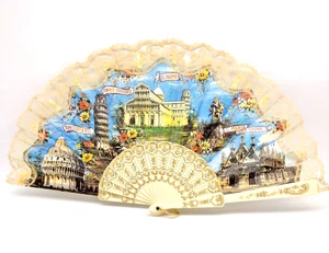 Vintage Italian Souvenir Folding Hand Fan Ivory Lace Trim Scenic Sites 18" Open - Picture 1 of 6