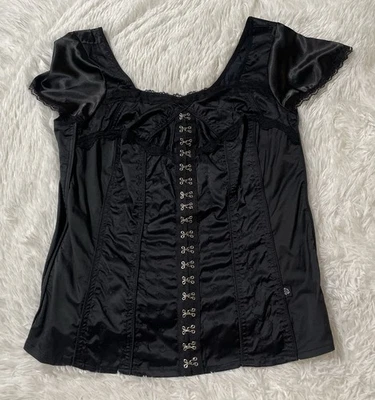 Tripp NYC Faux Corset Shirt Top Plus Size 1 Black Y2K Gothic Cap Sleeve Torrid - Image 1 of 4
