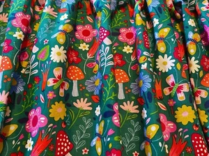 Mushrooms, Butterflies & Flowers On Green, Window Curtain Cotton 42”W x 15"L - Picture 1 of 3