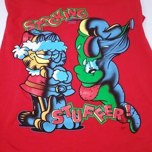 Vintage Garfield Odie rot Strumpf Füller Weihnachten Urlaub T-Shirt Made USA LG - Bild 1 von 6