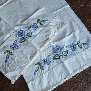 Vintage Blue Blue morning glory flower Hand Made Set pair pillow cases 19x31" - Picture 1 of 15