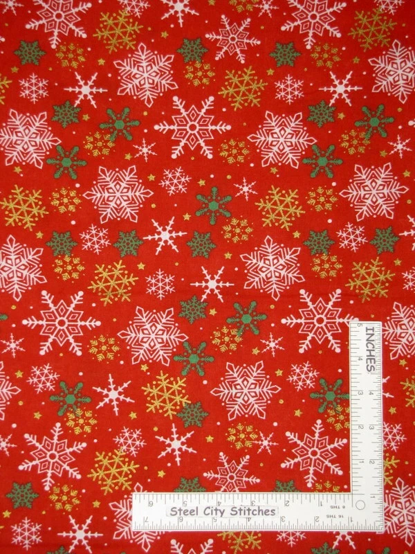 Copos de nieve de Navidad rojo dorado tela de algodón Santee vacaciones por yarda Foto 1 de 1