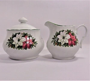 Lynns Fine China Weihnachten Zucker- und Milchkännchen, weiß und rosa Weihnachtssternmuster - Bild 1 von 11