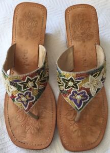 Jewel Tone Beaded & Embroidered Sandal Wedges By NYLA Sz 8 EUC