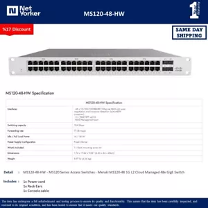 Conmutador Gigabit administrado en la nube Cisco Meraki MS120-48-HW de 48 puertos sin reclamar - Imagen 1 de 1