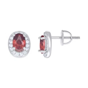 925 Argento Sterling Solitario Zircone Rosso Donna Vite Retro Ovale Halo Bottone - Foto 1 di 1