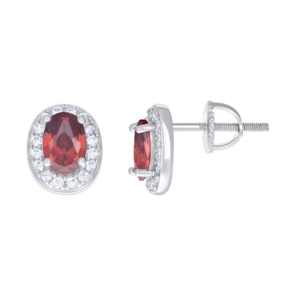 925 Argento Sterling Solitario Zircone Rosso Donna Vite Retro Ovale Halo Bottone - Immagine 1 di 1