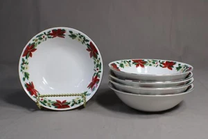 5 White EVERYDAY GIBSON Soup/Cereal Bowls In The Poinsettia Holiday Pattern - Picture 1 of 4