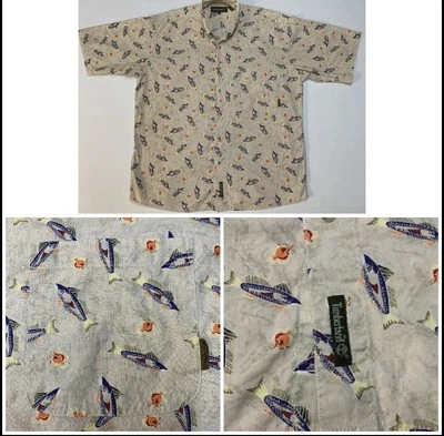 Timberland Button Down Short Sleeve Fish Print Shirt Fishing Sz M Chest 50” EUC - Image 1 of 4