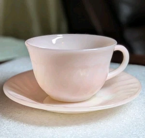 Vintage Fire King Oven Ware Pink Swirl Coffee Tea Cup and Saucer Set Excellent - Picture 1 of 13