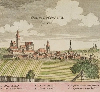 F. WERNER (1690-1778), Ansicht von Parchwitz, Schlesien,  1738, KSt. Rokoko - Bild 1 von 4
